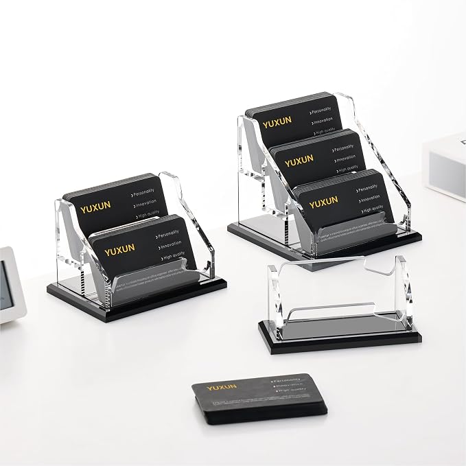 YUXUN Black Business Card Holder for Desk-3 Tier 3 Slot, Acrylic Business Card Holder for Women Men, 150+ Business Cards Display Stand, Multiple Business Card Display for Exhibition, Home, Office