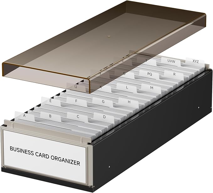 Uniclife Business Card Holder for Desk, Large Business Card Organizer | 800 Card Capacity Metal Business Card Box with Lid & A-Z Index Tabs, Desktop Credit Card Holder, Name Card Storage Box
