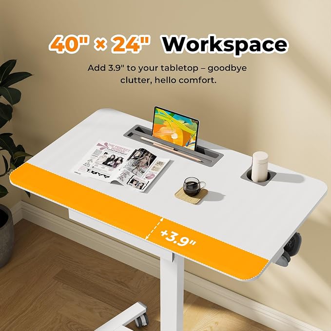 40"×24" Mobile Standing Desk with Drawer, Cup Holder & Hooks | Height Adjustable Portable Desk on Wheels, Small Computer Desk, Rolling Laptop Cart for Home Office, Classroom, White