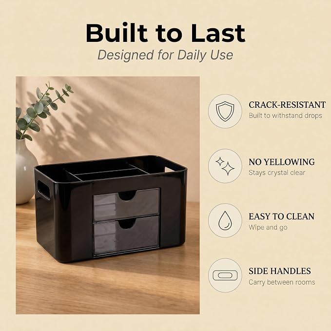Black Desk Organizer with Drawers, 4 Slots, Side Handles, Pen Holder | Desktop caddy for office supplies, makeup brushes, art & vanity | 5 compartments, 2 pull-out drawers, built-in side handles