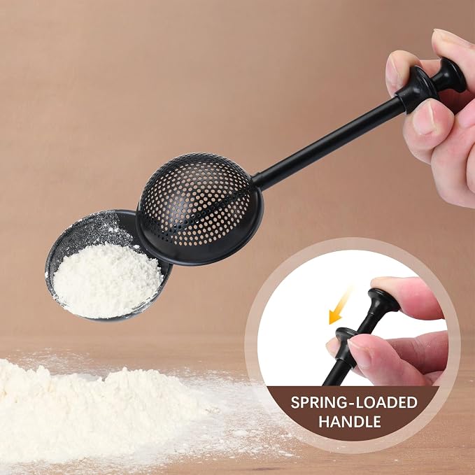 HULISEN Flour Duster, 304 Stainless Steel Flour Sifter for Baking, Black | Spring-Press Handle, Dishwasher Safe, For Flour, Powdered Sugar, Fine Spices, Pick Up and Dust Flour Sifter, Gift Package