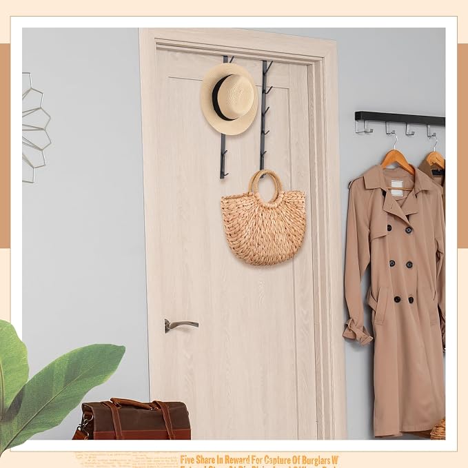 Tandefio 2 Pack 13.8" Over The Door Hook Hanger Comes with 6 Hooks from Large to Small Metal Extra Long Over The Door Hooks Hanger for Hats Rack Coat Scarf Purse Bags Scarf Keys and More (Black)