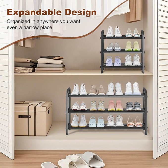 Expandable 3-Tier Shoe Rack for Closet & Entryway, Metal Shoe Organizer | Expandable • Adjustable Width • Holds 12 Pairs • Heavy-Duty Metal • Tool-Free Assembly • Fits Small Spaces