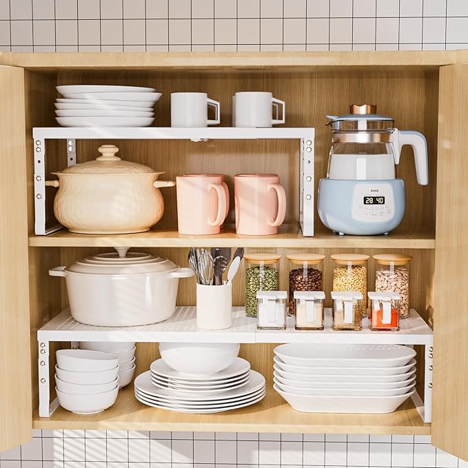 Cabinet Shelf,Expandable Adjustable Stackable Kitchen Organizer,for cabinets, Kitchens, countertops, bathrooms Shelf Organizer(3Packs/White,Large)