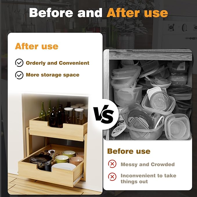 Pull Out Cabinet Organizer, 14''W×21''D Sliding Drawers for Cabinets, 2 Tier Soft Close Slide Out Wooden Pull out Drawers, Base Cabinet Organization for Kitchen, Pantry, Bathroom