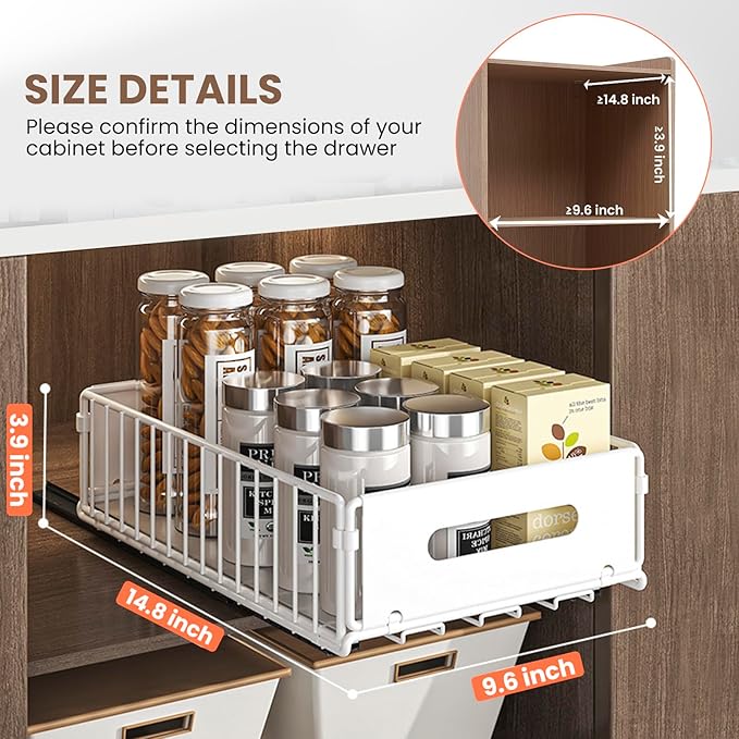 Pull Out Cabinet Organizer, 2 Pack Heavy Duty Slide Out Drawers Pantry Shelves Fixed With Strong Adhesive Glue and Handle for Kitchen, Living Room, Bathroom, Home (14.8" D X 9.6" W X 3.9" H)