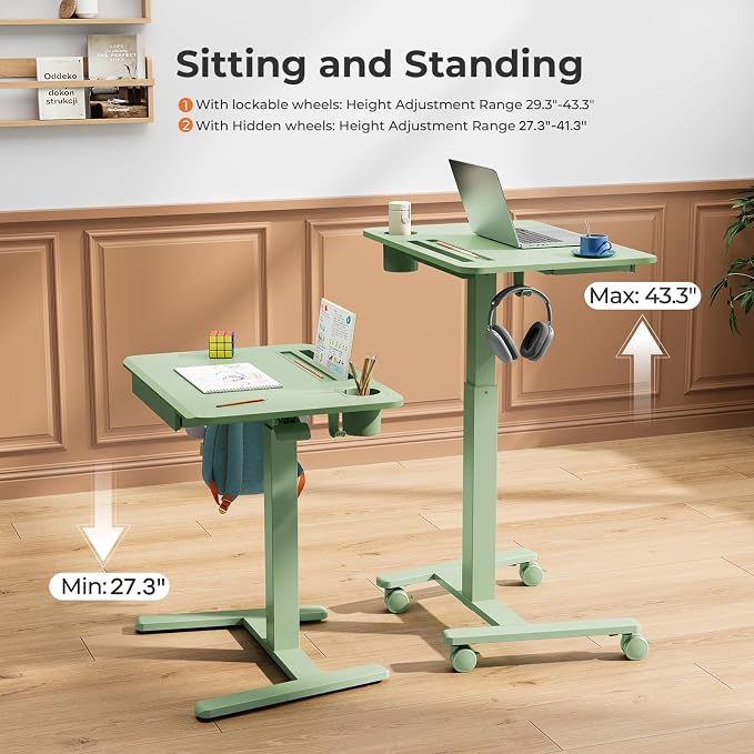 28" Mobile Standing Desk with Drawer, Portable Laptop Desk | Rolling Desk with Cup Holder and Hooks, Height Adjustable Computer Cart with Storage, Lockable & Hidden Wheels, Sage Green