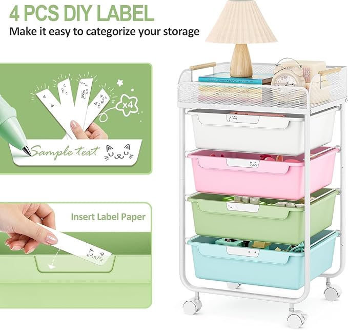 SYKIARIOL 4-Drawer Rolling Storage Cart with Mesh Top, Utility Craft Organizer Cart on Wheels with DIY Labels, Rolling Drawer Cart for Home Office Classroom Bedroom, Colourful