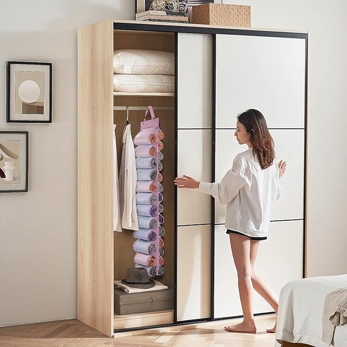 DHSFKBE Legging Organizer Storage, Shirt Organizer, Foldable Hanging Closet Organizer Storage with 26 Roll Independent Compartments for Yoga Pants, Tank Top, Towel, Underwear (Pink)