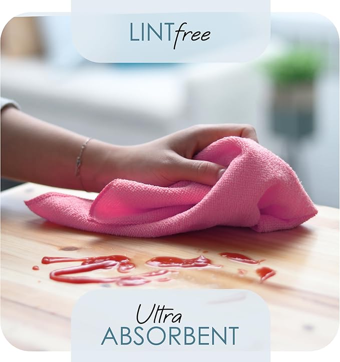 Hearth & Harbor Microfiber Cleaning Cloths, 12 Pack Pink Reusable Towels, Lint Free