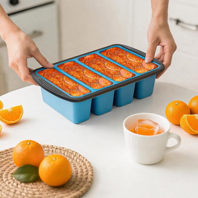 GORCI Silicone Freezer Tray With Lid, 8 Large 1 Cup Soup Freezer Molds, Soup Freezer Container for Meal Prepping, Large Ice Cube Tray， Perfect for Storing Leftovers, Sauces, Lasagna, 2-Pack