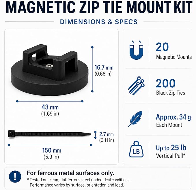 20 Pcs 43 mm Magnetic Zip Tie Mounts with 200 Black Zip Ties, 25 lb Vertical Pull Force Extra Large Magnetic Cable Clips, Wide Magnet Wire Holder Bases for Cable Management on Steel Surfaces