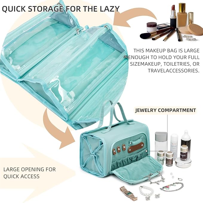 ROYALFAIR Roll Up Makeup Bag, Waterproof Toiletry Bag for Women, Hanging Travel Organizer with Jewelry Organizer Compartment, Extra Large 4 Clear TSA Approved (light blue)