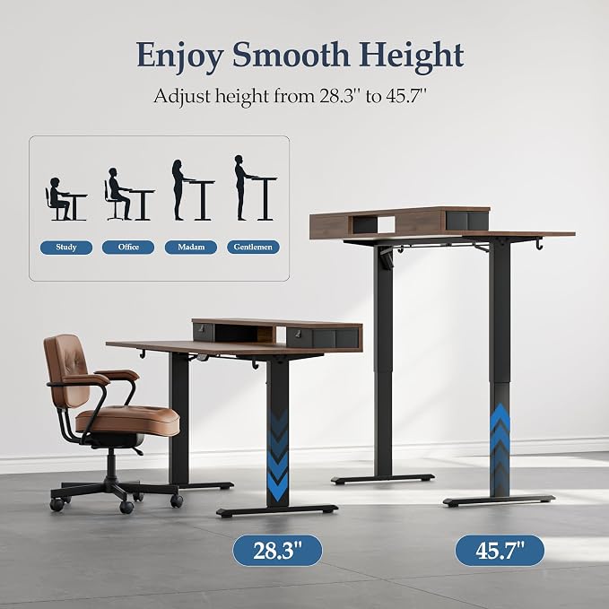 Klicelor 48 x23 Inch Electric Standing Desk with Drawers, Adjustable Height Small Sit Stand Desk for Home Office, Compact Computer Workstation with Storage– Dark Walnut