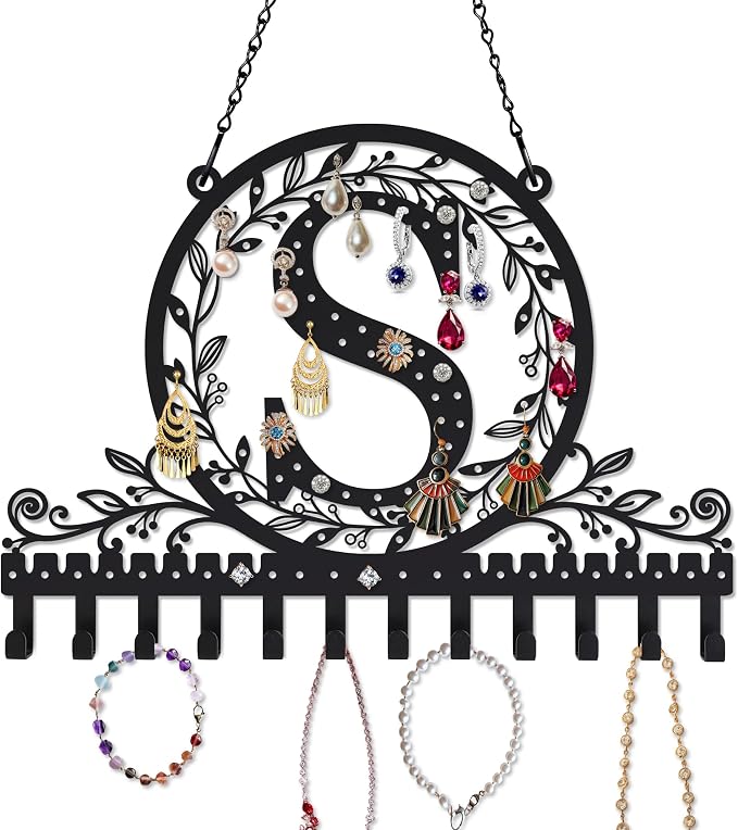 Personalized Wall Mounted Metal Initial Letter S Earring Holder Jewelry Organizer for Earrings and Necklaces Space Saving Wall Display with Hooks Jewelry Storage Bedroom Vanity Gift for Women