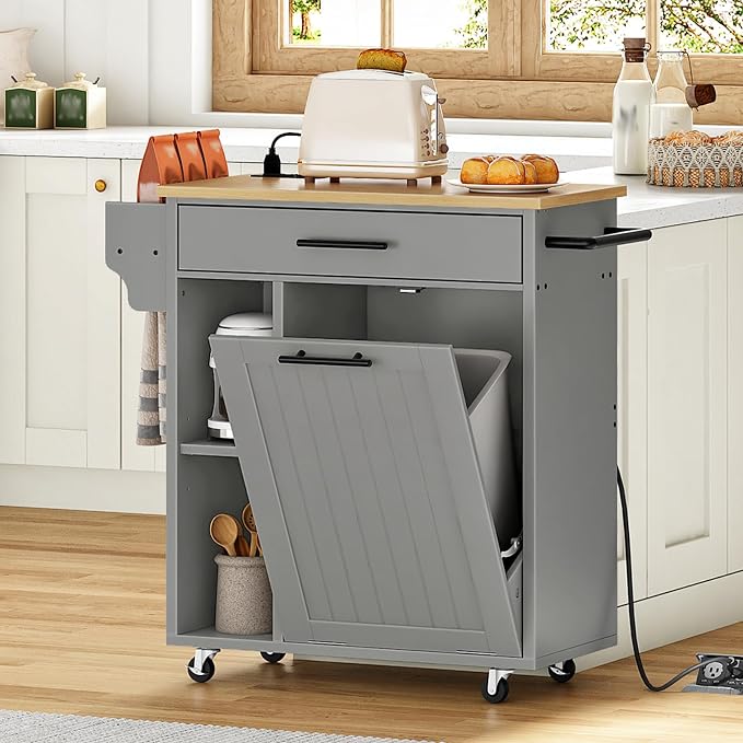 HOOBRO Kitchen Island with Trash Can Storage, Rolling Kitchen Island on Wheels, Mobile Island Cart with Power Outlet, Islands Table for 10 Gallon Garbage Bin, White and Grey GN80UZD01G1