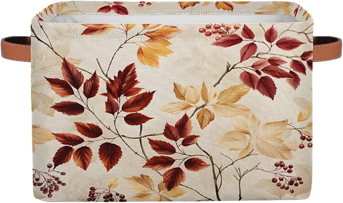 Rectangular Storage Baskets Autumn Leaves And Berries Fabric Storage Bin Toy Organizer Box with PU Leather Handles for Room Decor