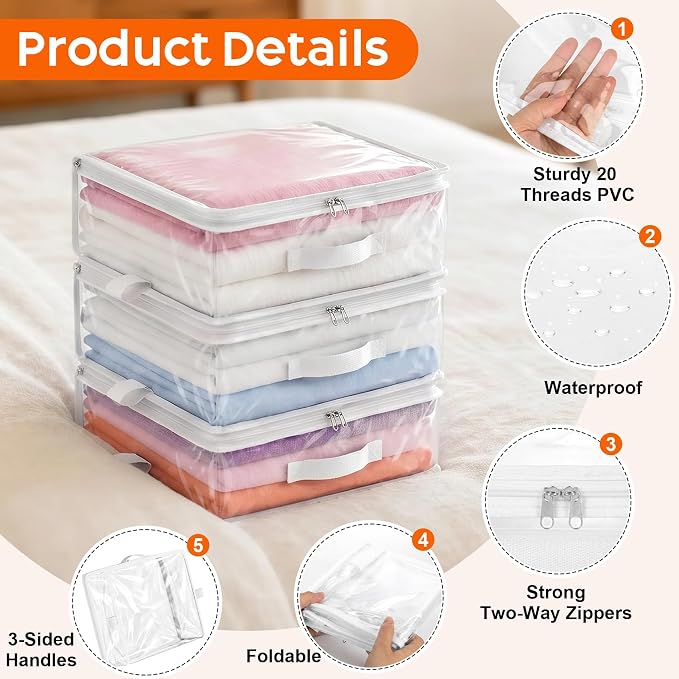 5 Pack Clear Storage Bags with Zipper Handles, Sheet Organizers and Storage | PVC Blanket Storage Bags, Foldable Under Bed Organizer for Baby Clothes Shoes Sweater Toy Bedding Sheet, 15.7x13.8x3.9’’