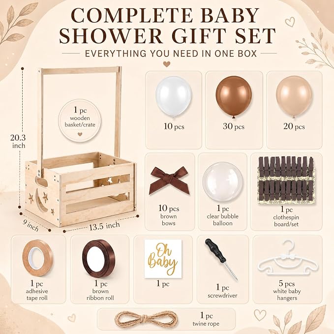 Wooden Baby Shower Crate Closet with Hanger Rack, Brown Bow Baby Gifts Basket with Balloon Accessories, DIY Babies Welcome Box for Pregnancy New Parent
