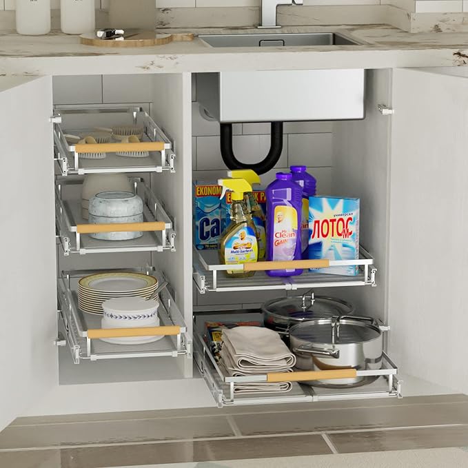 SANNO Expandable Pull Out Cabinet Organizer,Slide Out Pantry Shelf for Kitchen Cabinet or Under Sink,Extendable Width16.1 to 26.4" W,Chrome Finish,3Pack