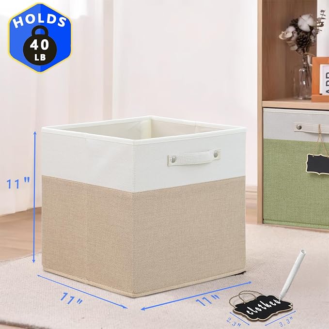 storage cubes 11x11x11Set of 4,Foldable Fabric Storage Cubes with Labels,Linen Cube Storage Organizer Bins Kallax Storage Cubes for Organizing Shelves Cabinet(White Khaki).