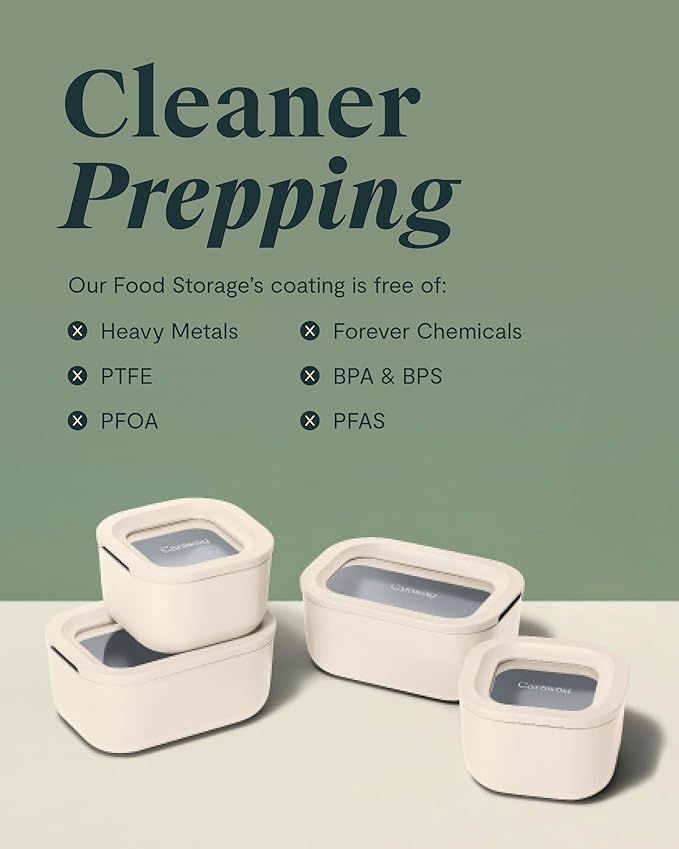 Caraway 6pc Glass Food Storage Set - 2.6 Cup Storage Containers For Food (6) - Non-Toxic Ceramic-Coated Glass - Air Release Technology - Compact & Stackable Design - Navy