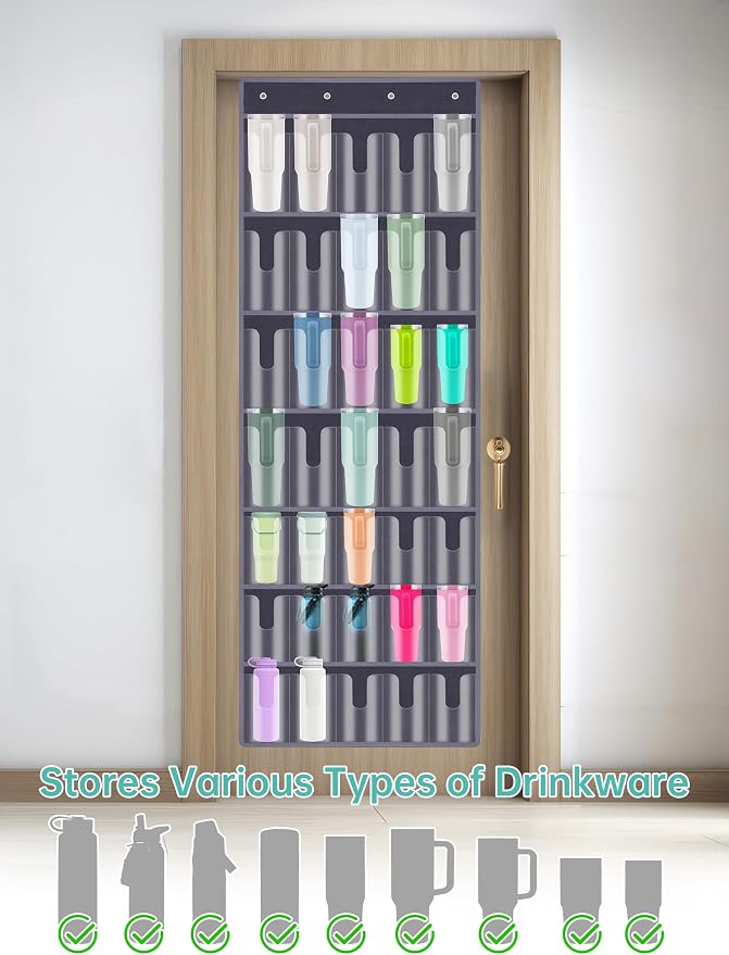 NiHome 35-Pocket Door Hanging Cup Organizer Fit for Stanley Tumbler 30 40oz | Large Capacity Over the Door Water Bottle Storage with Nano Tape, Waterproof Oxford Fabric, U-Shaped Handle Slots (Dark Gray)