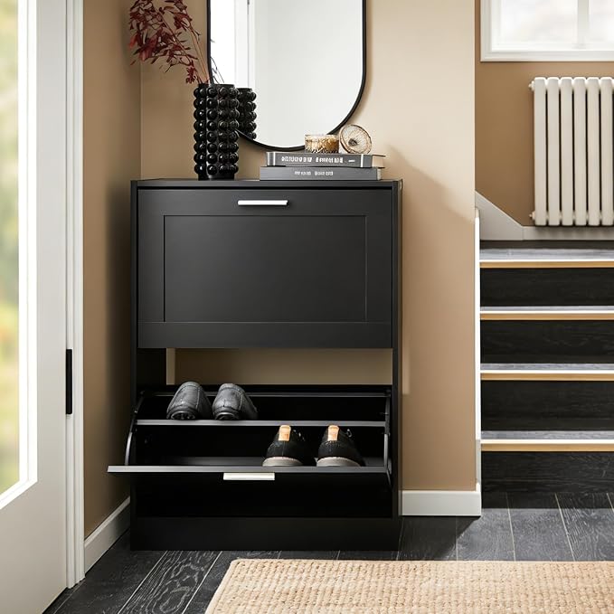 Haotian Shoe Cabinet Storage for Entryway | Narrow Shoe Cabinet with Two Flip Drawers to Save Space, Shoe Rack Cabinet for Front Door Entrance Hallway (Black)
