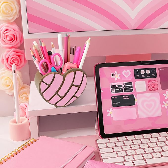 Tenceur Mexican Concha Pen Holder Pink Heart Large Capacity Pencil Holder Cute Mexican Decor Pencil Cup Pot Desk Organizer for Office Makeup Brush Holders Funny Christmas Gift for Women coworkers