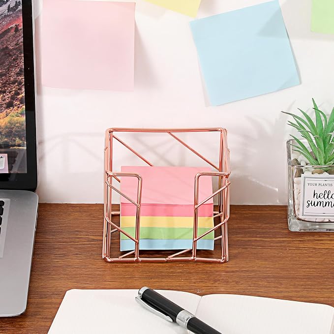 BTSKY Metal Sticky Note Holder, 3x3 Inch Post It Note Dispenser, Modern Memo Cube Holder Desk Organizer for Office & Home, Iron Sturdy Desktop Sticky Note Storage, Rose Gold