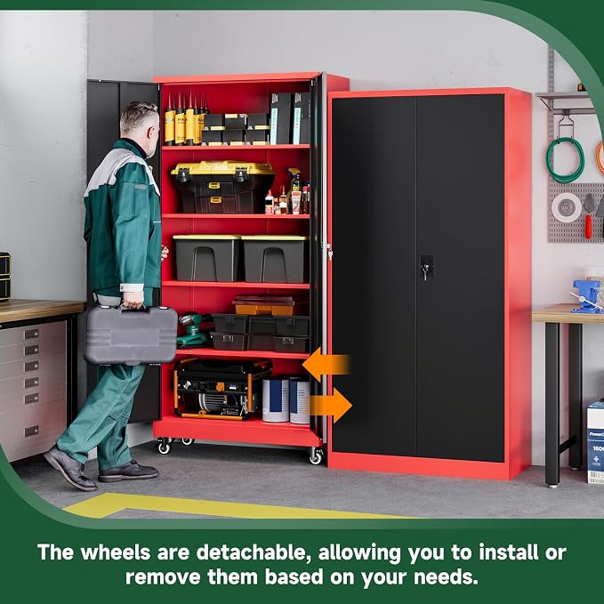 Letaya Metal Garage Storage Cabinets with Lock Door and Adjustable Shelves, Steel Tool Cabinets for Home,Office,Warehouse Organisieren (Black Red, 75" H)