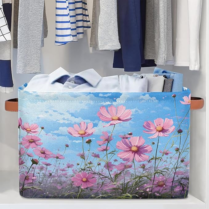 Rectangular Storage Baskets Beautiful Pink Flowers Fabric Storage Bin Toy Organizer Box with PU Leather Handles for Room Decor