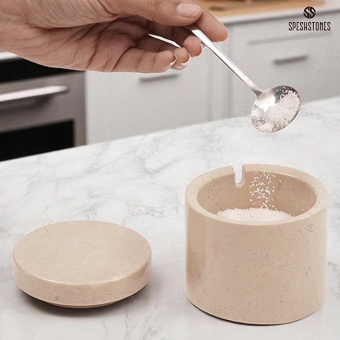 Marble Salt Cellar 3 Inch Beige Table Salt Containers for Countertop - Sugar Bowl With Lid, Salt Holder, Spice Jars, Salt Box for Seasoning Storage Container, Salt Dish for Kitchen Decor
