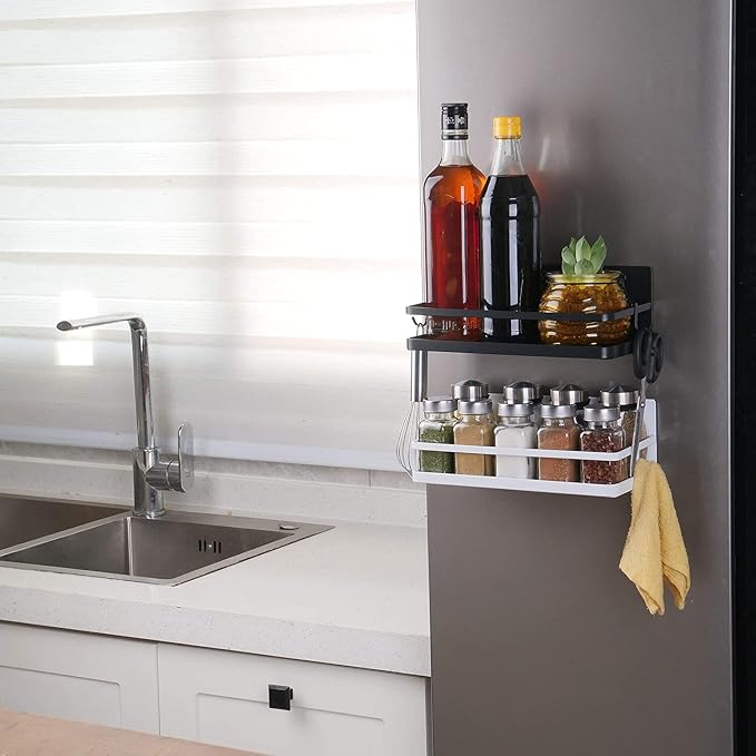 Magnetic Spice Rack with 4 Removable Hooks, Strong Magnet Spice Shelf for Spices, Cooking Oils, Salt, Pepper, Works Perfectly on the Side of Refrigerator for Small Kitchen/Apartment (Black)