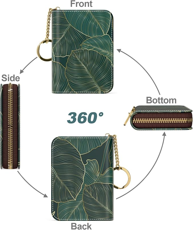 Nipichsha Credit Card Holder, Small RFID Card Wallet for Women, Slim Leather Card Holder Wallet, Credit Card Wallet Organizer, Pocket Business Card Case with Zipper & Keychain, Tropical Leaf