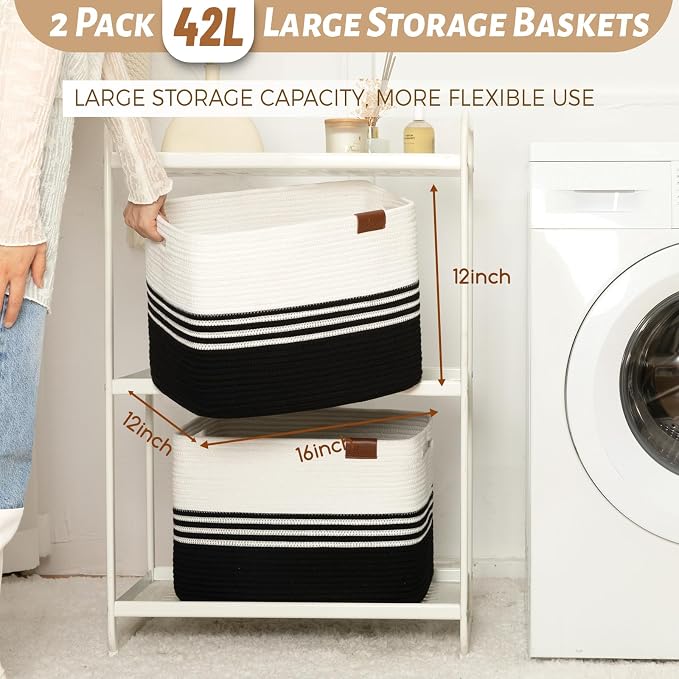 Storage Baskets, 42L*2 Pack Storage Baskets for Organizing, Laundry Basket for Closet, Cotton Rope Blanket Basket for Storage, Toy Storage Basket for Living Room, Laundry Room, Bedroom-Black