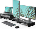 Fenge Triple Monitor Stand with Srorage Drawer, Adjustable Length and Angle | Computer Monitor Riser for 2 or 3 Monitors, Wooden Desktop Laptop Stand, Office Organizer for PC, Screen, Tablet, Black