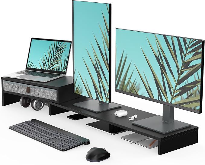 Fenge Triple Monitor Stand with Srorage Drawer, Adjustable Length and Angle | Computer Monitor Riser for 2 or 3 Monitors, Wooden Desktop Laptop Stand, Office Organizer for PC, Screen, Tablet, Black