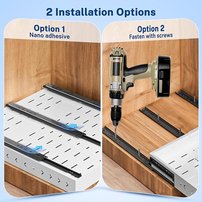 Insputer 1 Pack Pull Out Cabinet Organizer Expandable (12.4"-20.08")W & (16.26"-22.44")D, No Drill Slide Out Drawer with 3 Slide Rails, 2Pcs Magnetic Panel, Adhesive Roll Out Shelf for Kitchen, Pantry