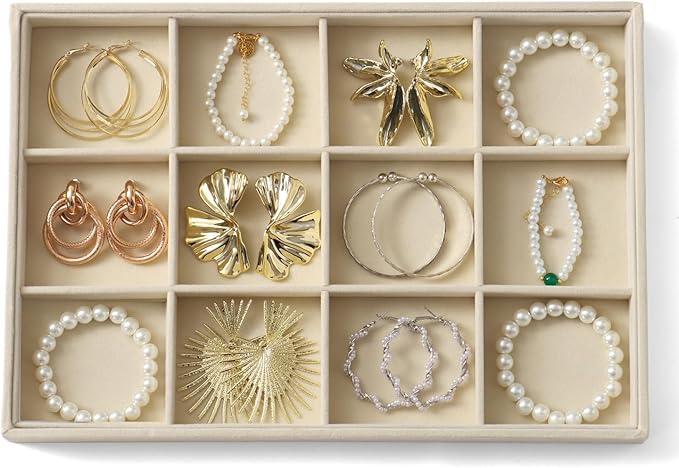 Large Jewelry Organizer for Drawer Insert Velvet Stackable Jewelry Trays for Earring Necklace Bracelet Ring Display (Beige, 12 Grids)