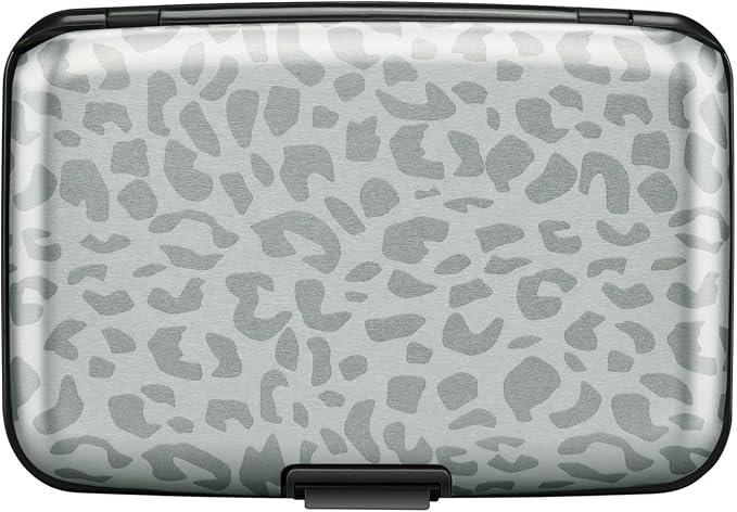 ELFISH Mini RFID Aluminum Wallet Credit Cards Holder Business Card Case Metal ID Case for Men Women(Grey Leopard Print)