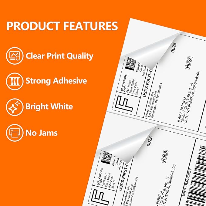 SJPACK Half Page Self Adhesive Shipping Labels, 8.5" x 5.5" Shipping Labels Compatible Laser & Inkjet Printer 2 Label Per Sheet (250 sheets-500 Label)