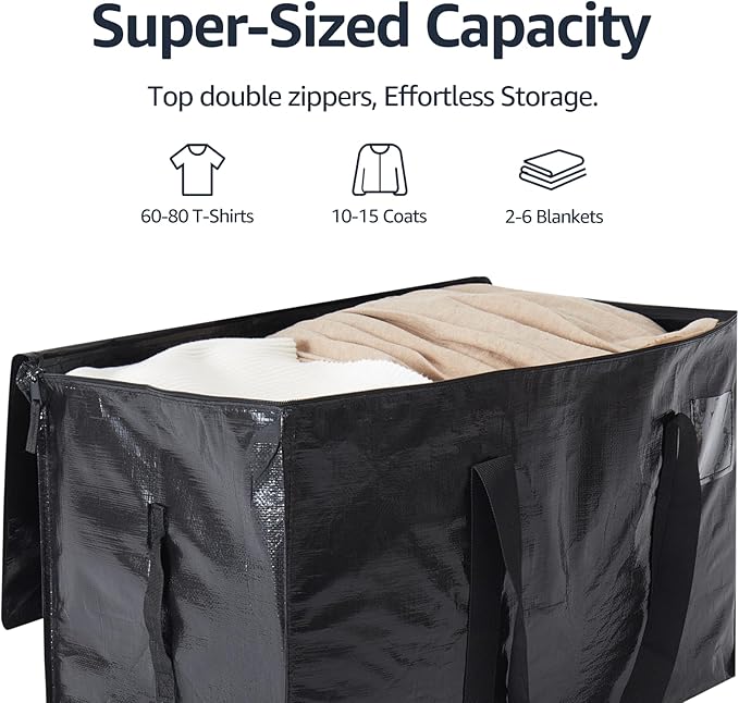 Moving Bags Heavy Duty Extra Large, Moving Boxes, Moving Supplies Essentials, Blue Storage Bins with Lids, Plastic Packing Totes, Storage Bags for Clothes with Handles & Zippers Black, 4 Pack