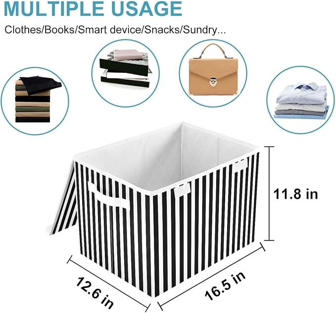 CaTaKu Black and White Striped Storage Bins with Lids Fabric Large Storage Container Cube Basket with Handle Decorative Storage Boxes for Organizing Clothes Shelves