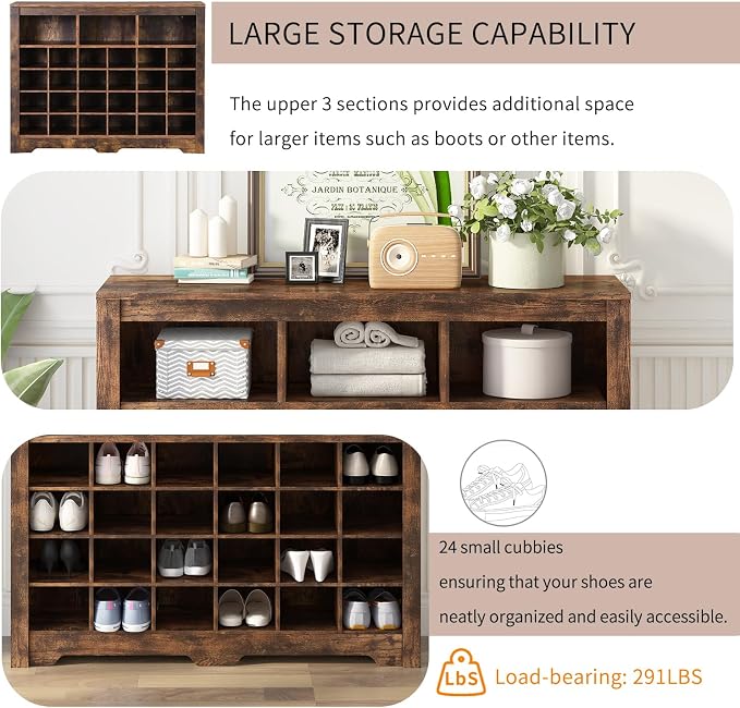 Flieks 24-Cube Organizer Shoe Storage Cabinet, Stylish Design Shoe Cabinet with Multiple Storage Capacity, Free Standing Cabinet with Curved Base for Entryway, Living Room, Hallway, Rustic Brown