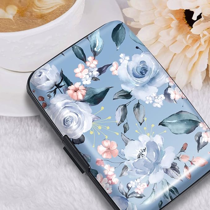 Coco Rossi Credit Card Holder RFID Aluminum Small Mini Wallet Women | Metal Wallet, Business Cards Holder, ID Case, Slim Sleeves, Womens Girls Gift, Carry Proof Wallets for Travel, Blue Flower