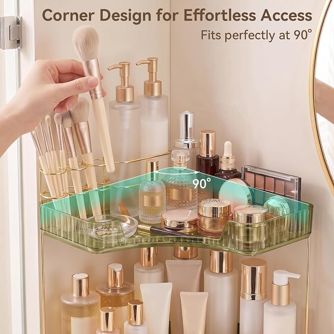 2-Tier Corner Bathroom Counter Organizer with Makeup Brush Holder, Green | Large Makeup Organizers for Vanity, Corner Bathroom Countertop Organizer for Cosmetic Perfume Skincare Storage
