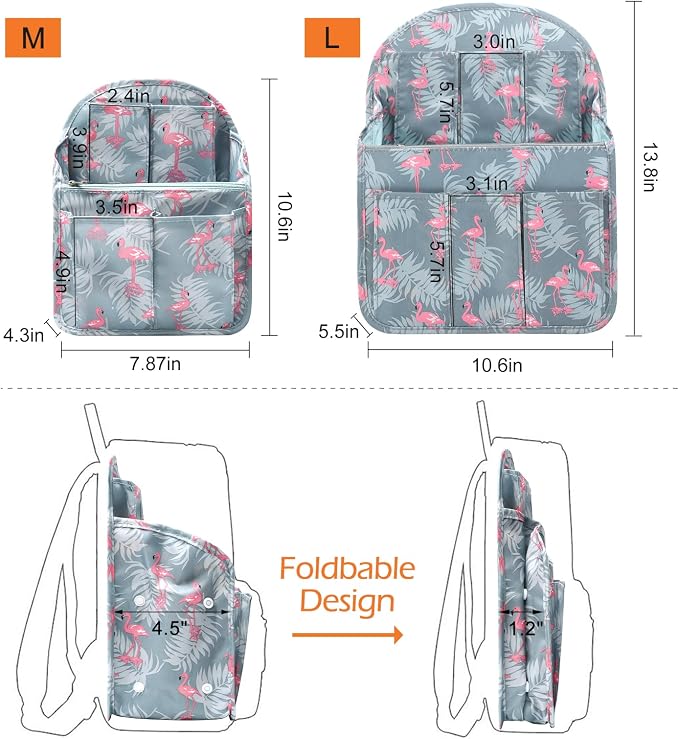 Surblue Backpack Organizer Insert Liner Hanging Travel Rucksack Purse and Handbag Insert Pocket, High-capacity Divider Foldable Nylon Shoulder Bag Organizer for Men and Women, (Flamingo, M)