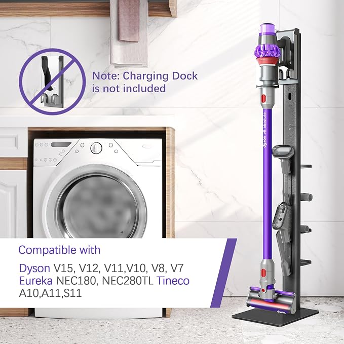 XIGOO Dyson Vacuum Stand with 4 Hooks 4 Shelves, Black | Compatible with V15 Detect V11 V10 V8 V7 V6 Cordless Vacuum Cleaners & Accessories, Stable Metal Bracket Organizer Rack