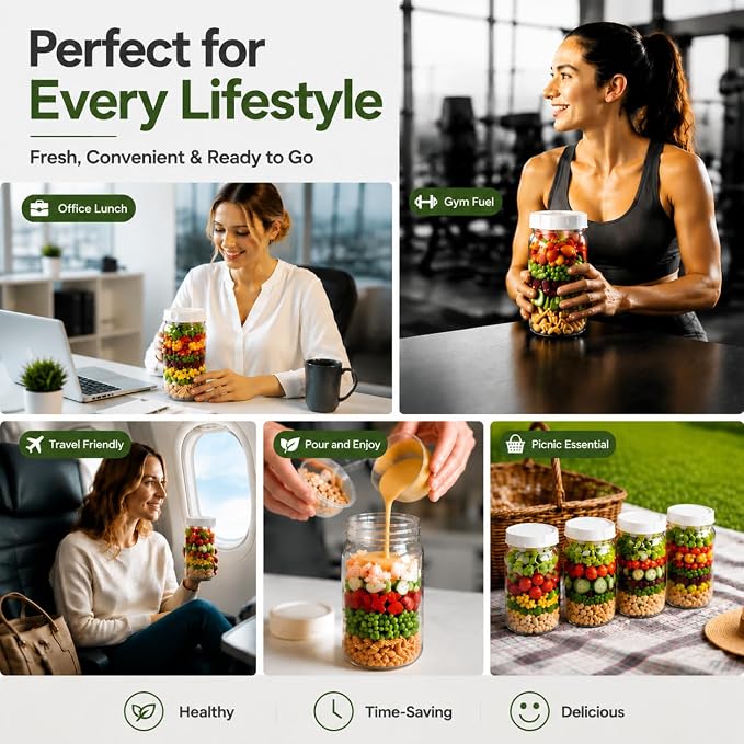 9Pack Salad Meal Prep Containers, 32oz Large Glass Salad Jars with Lids Meal Prep with 4 Forks, Leakproof Salad Container for Lunch with Separate Wet/Dry Dressing Cups for Home, Office and Outdoor
